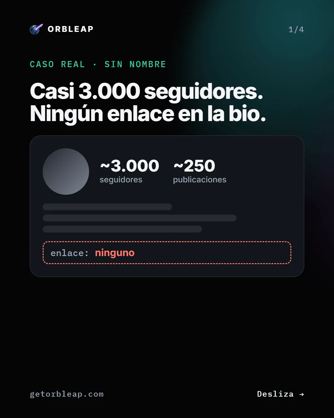 Publicación de OrbLeap: un perfil con unos 3.000 seguidores y el enlace de la bio vacío
